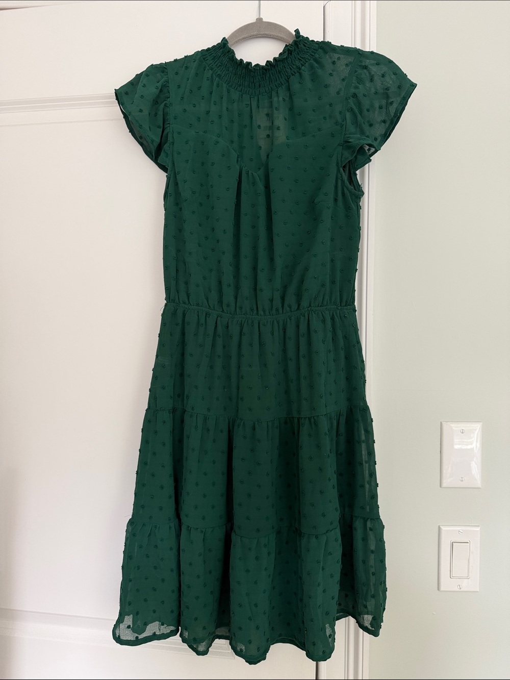 Monteau Dark Green Swiss Dot Tiered Mini Dress